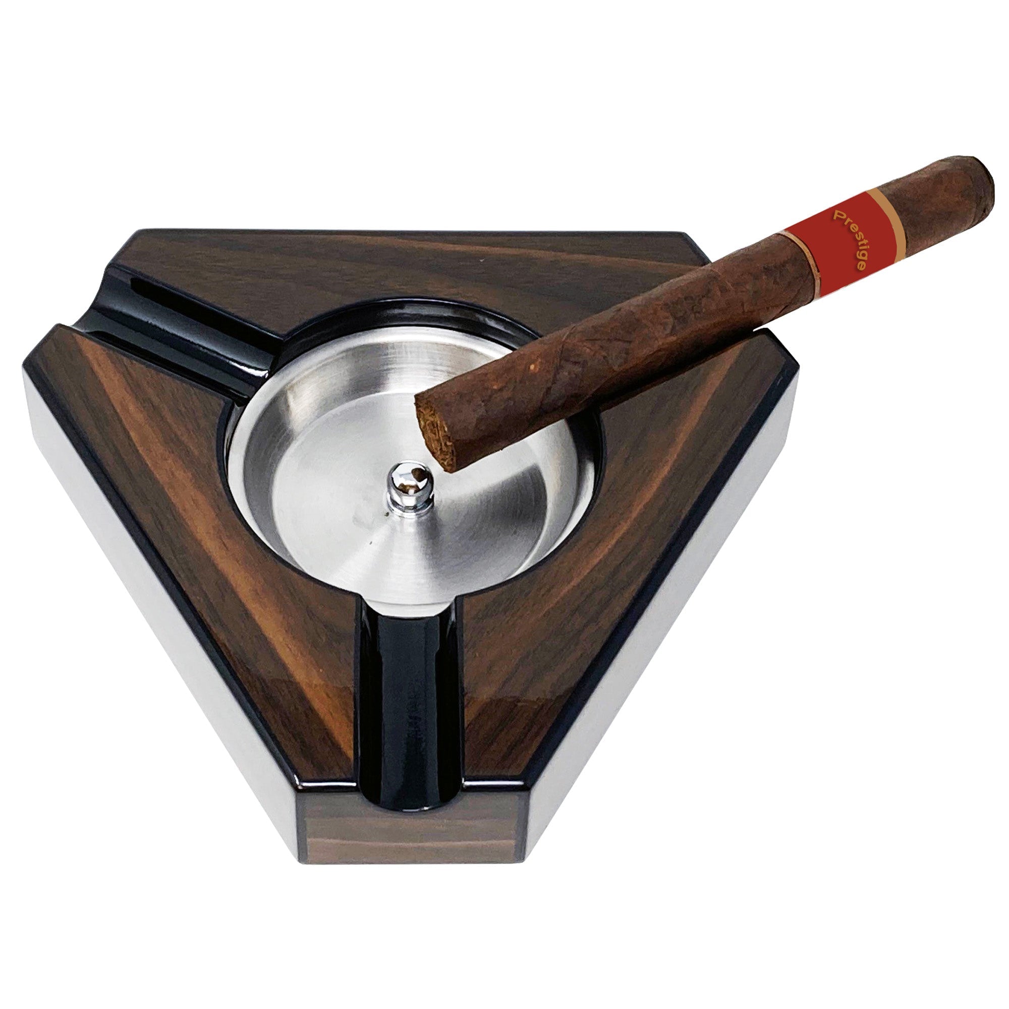 3-cigar dark maple and black lacquer triangular ashtray