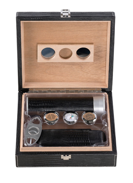 Prestige The Alligator Leather Humidor Gift Set - Black