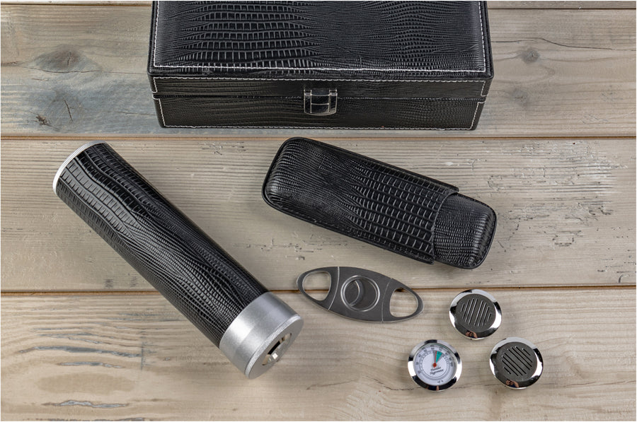 Prestige The Alligator Leather Humidor Gift Set - Black