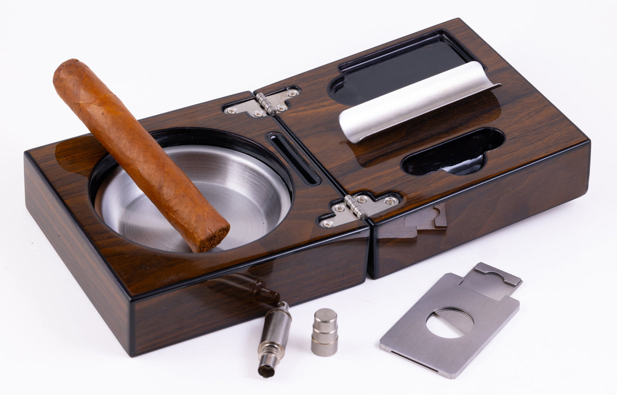 High-gloss walnut folding cigar ashtray set