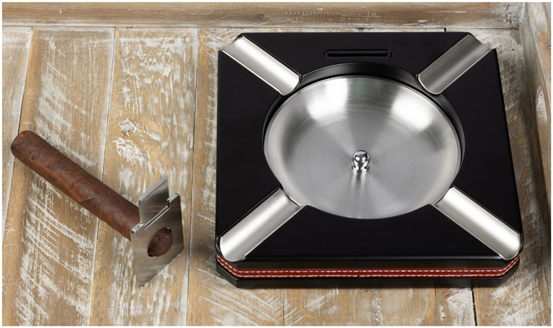 Prestige 4 Cigar Ashtray with Leather Trim and Built-In Cutter