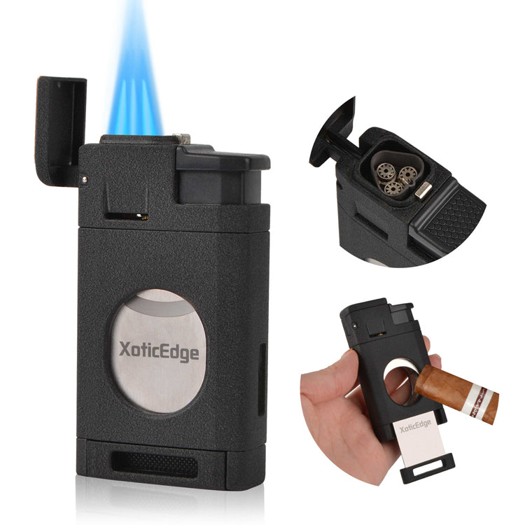 XoticEdge Aurora Triple-Flame Torch Lighter with Guillotine Cutter - Black Stone
