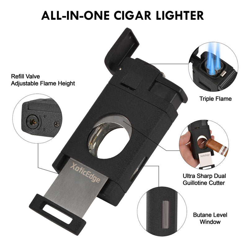 XoticEdge Aurora Triple-Flame Torch Lighter with Guillotine Cutter - Black Stone