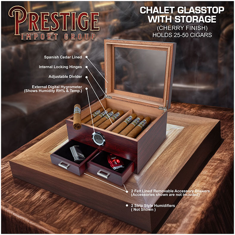Prestige Chalet Glasstop Humidor with Accessory Drawers