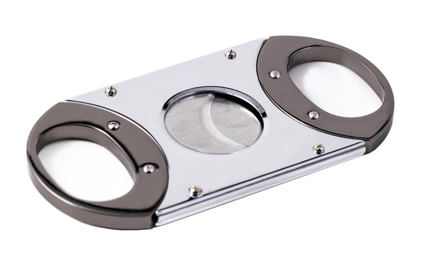 Two-tone gunmetal and silver guillotine cigar cutter
