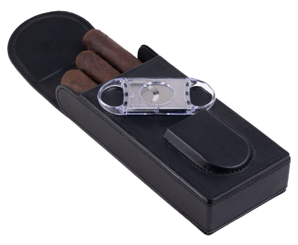 Prestige 3-Cigar Magnetic Flip-Top Leather Case with Cutter - Black
