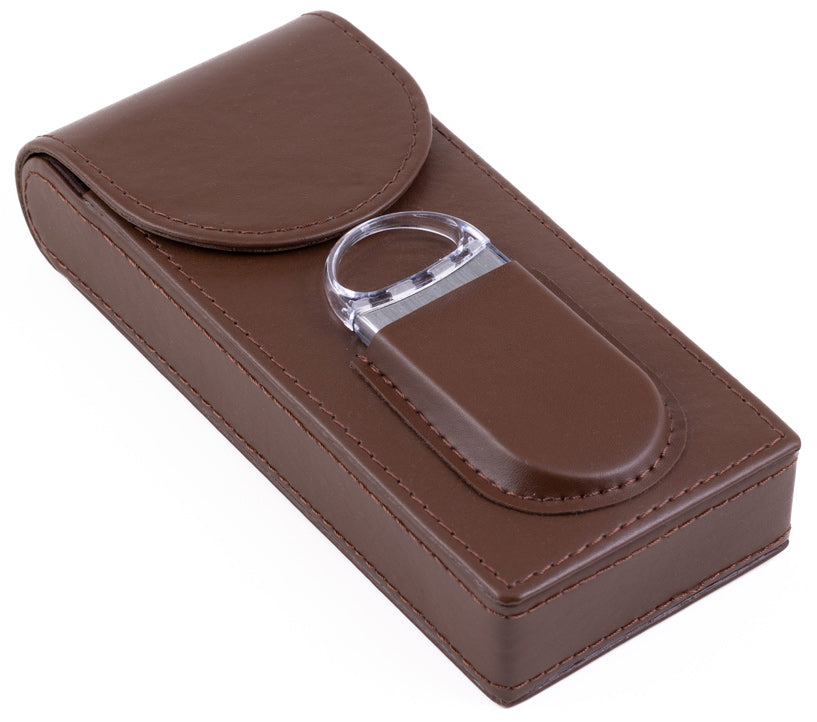 Prestige 3-Cigar Magnetic Flip-Top Leather Case with Cutter - Brown