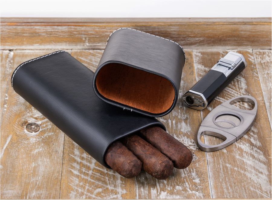 Prestige 3 Cigar Leather Case with Contrast Stitching