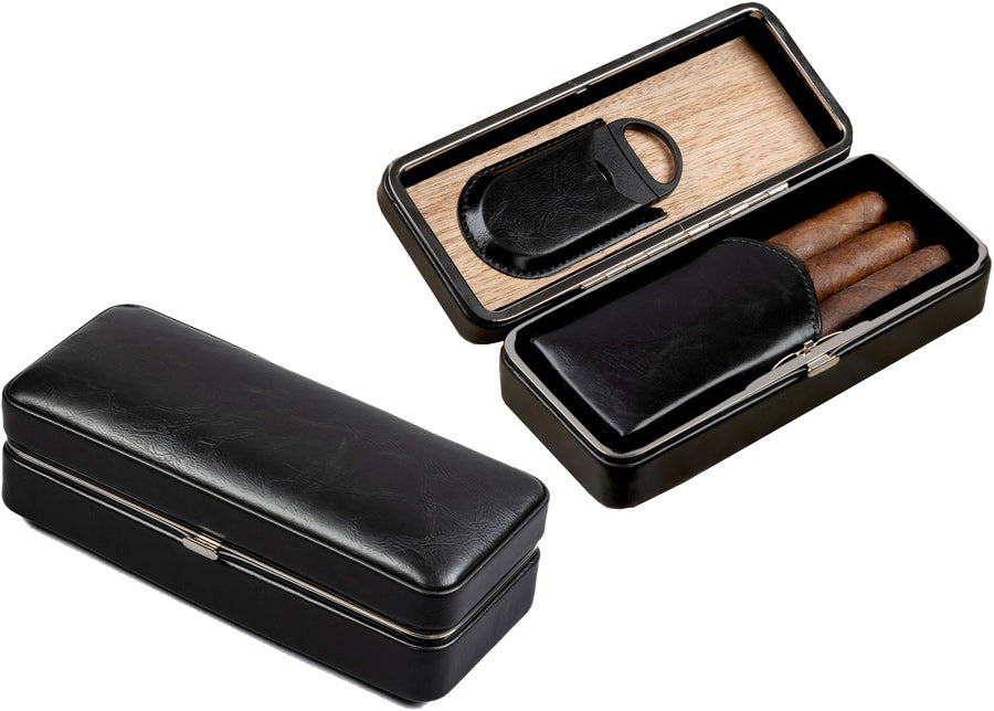 Prestige Folding Leather Cigar Case with Double-Blade Cutter - Black