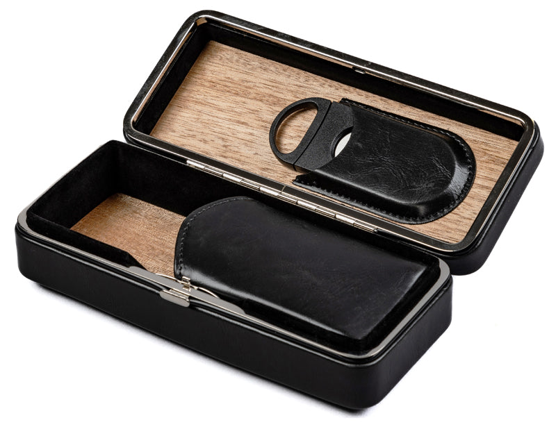 Prestige Folding Leather Cigar Case with Double-Blade Cutter - Black
