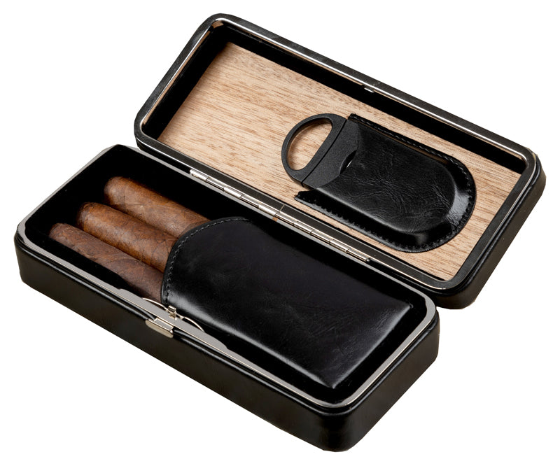Prestige Folding Leather Cigar Case with Double-Blade Cutter - Black