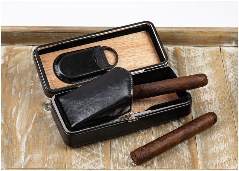 Prestige Folding Leather Cigar Case with Double-Blade Cutter - Black