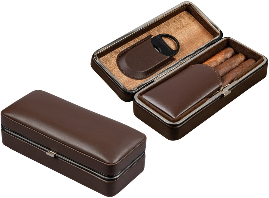 Prestige Folding Leather Cigar Case with Double-Blade Cutter - Brown