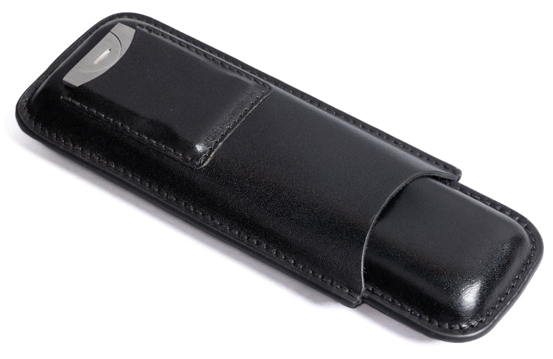 Prestige 2-Cigar Leather Case with Built-In Guillotine Cutter - Black