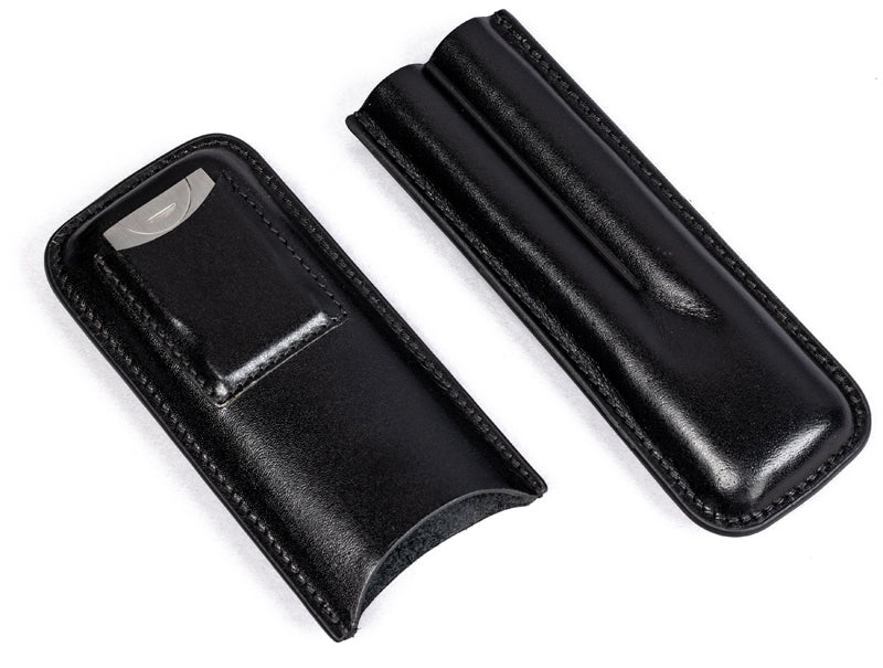 Prestige 2-Cigar Leather Case with Built-In Guillotine Cutter - Black