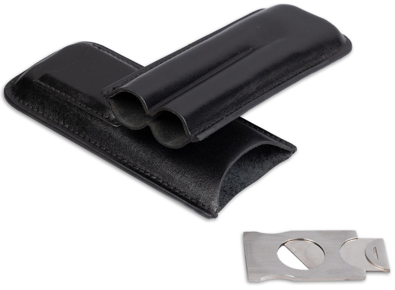Prestige 2-Cigar Leather Case with Built-In Guillotine Cutter - Black