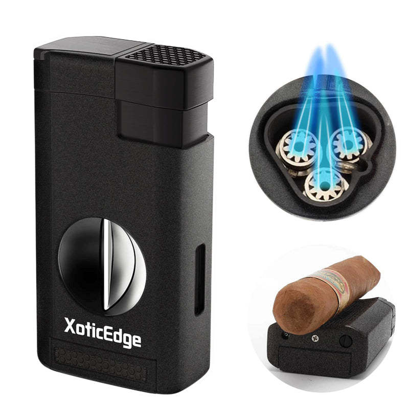 XoticEdge Lumina Triple-Flame Torch Lighter with V-Cutter and Cigar Rest - Black Stone