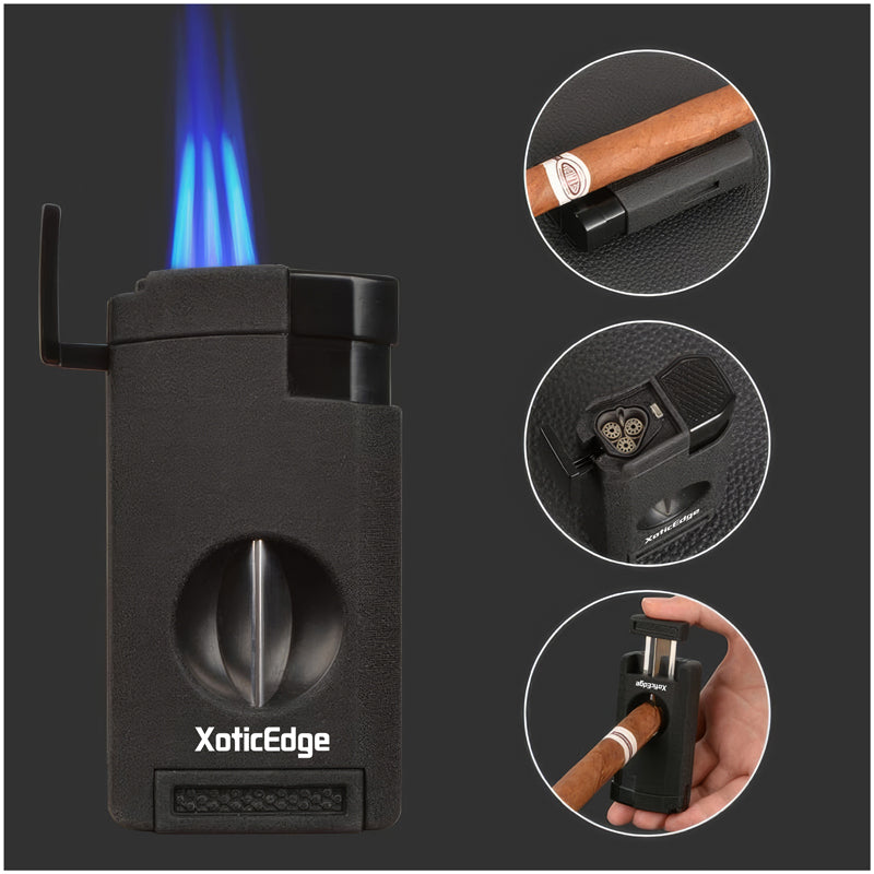 XoticEdge Lumina Triple-Flame Torch Lighter with V-Cutter and Cigar Rest - Black Stone