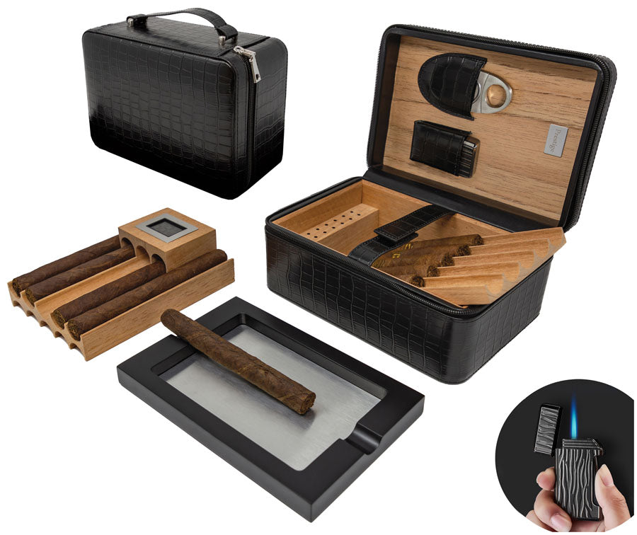 Prestige Manhattan XL 10–15 Cigar Leather Travel Humidor Kit - Black