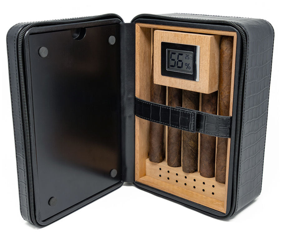 Prestige Manhattan XL 10–15 Cigar Leather Travel Humidor Kit - Black