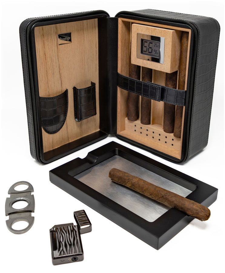 Prestige Manhattan XL 10–15 Cigar Leather Travel Humidor Kit - Black