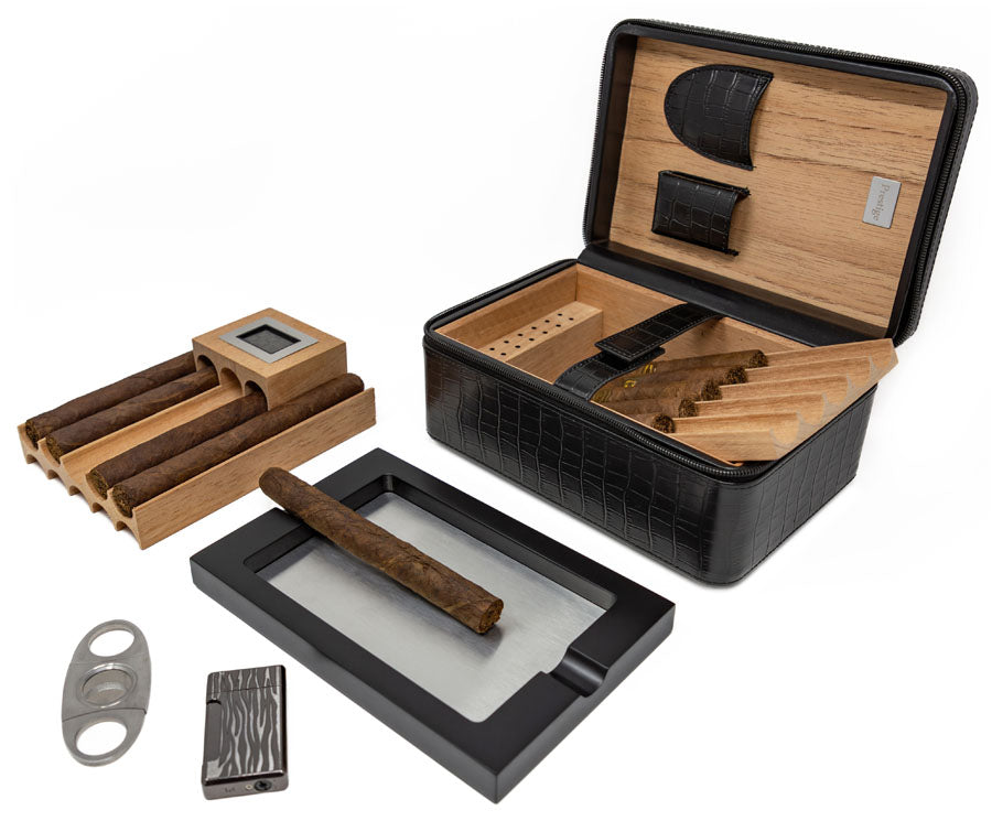 Prestige Manhattan XL 10–15 Cigar Leather Travel Humidor Kit - Black