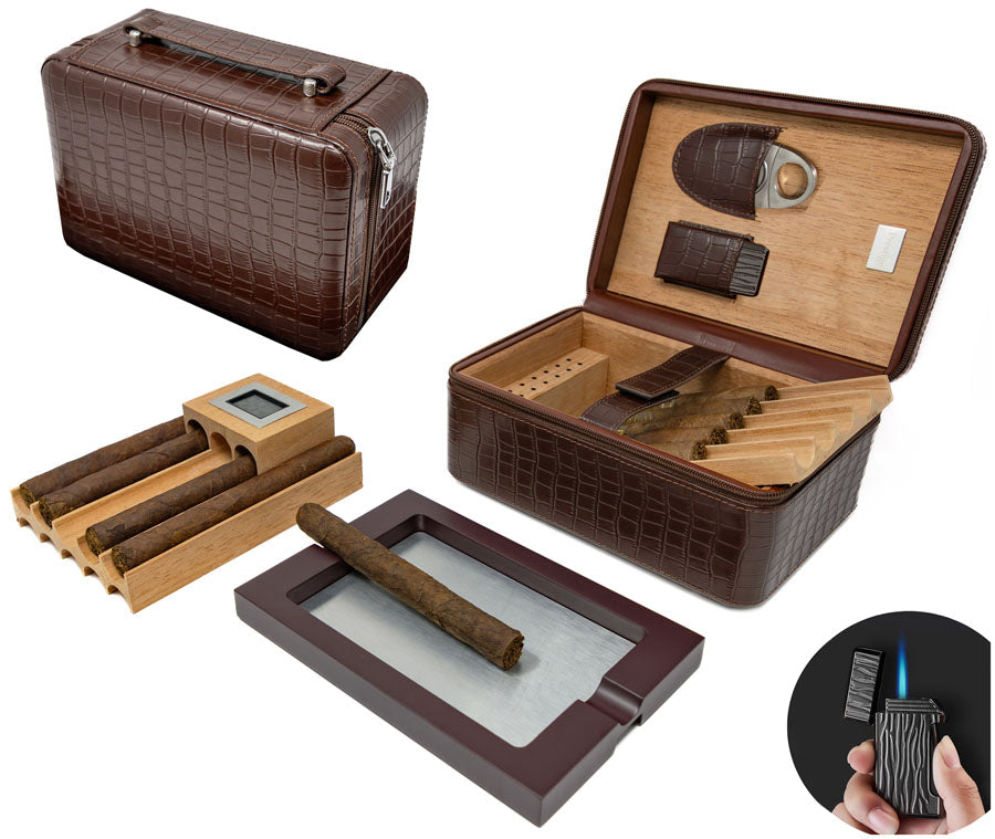 Prestige Manhattan XL 10–15 Cigar Leather Travel Humidor Kit - Brown
