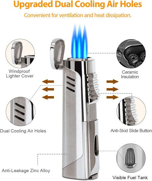 Prestige Pinnacle Triple Flame Torch Lighter with Punch Cutter - Silver