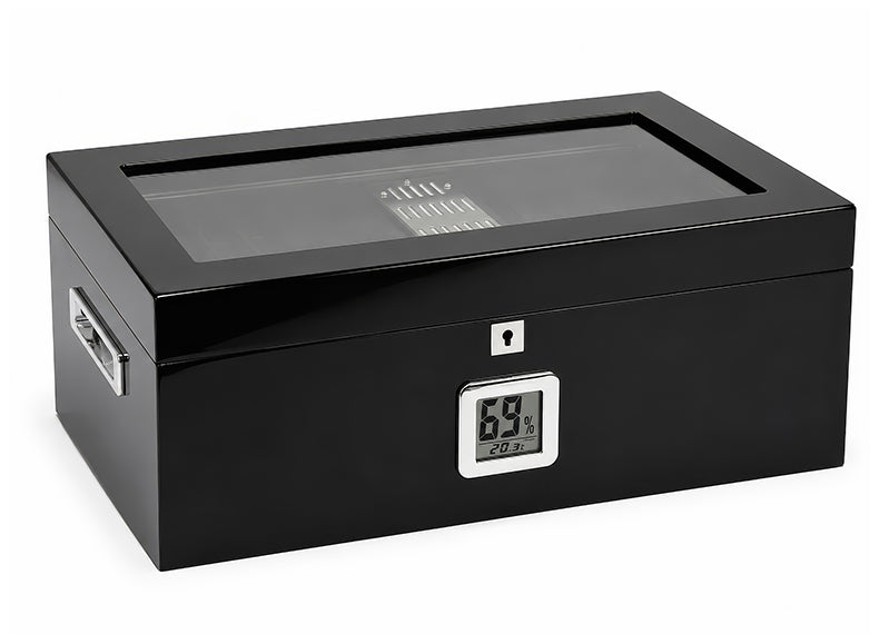 Prestige Raven 120 Cigar Black Lacquer Glass Top Humidor with Digital Hygrometer