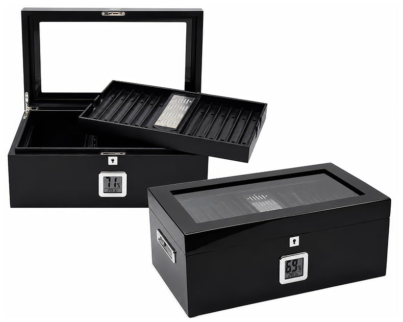 Prestige Raven 120 Cigar Black Lacquer Glass Top Humidor with Digital Hygrometer