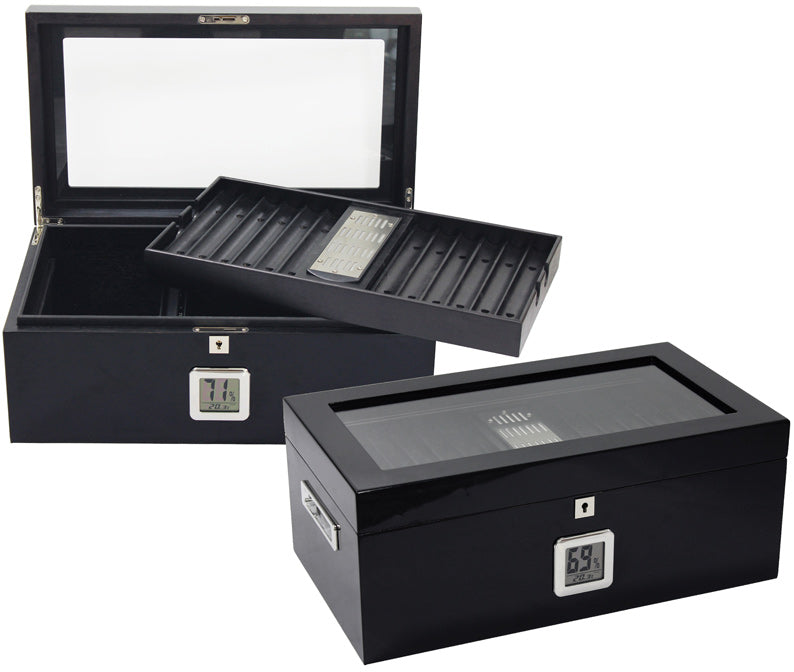 Prestige Raven 120 Cigar Black Lacquer Glass Top Humidor with Digital Hygrometer