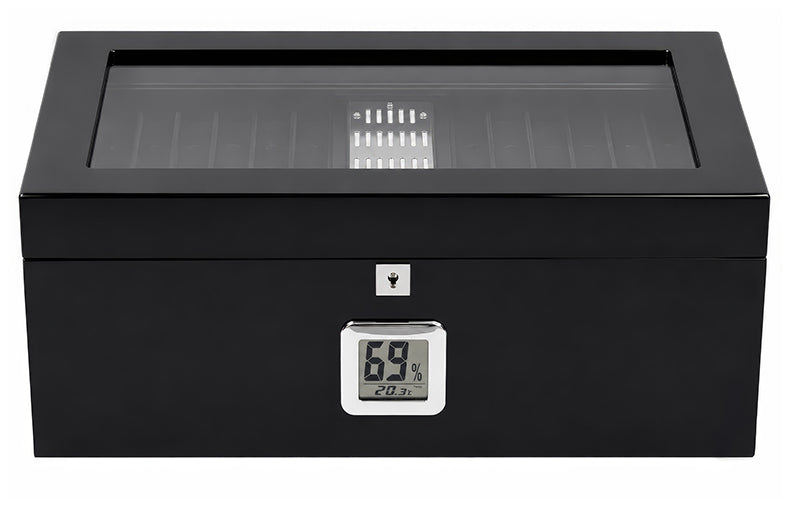 Prestige Raven 120 Cigar Black Lacquer Glass Top Humidor with Digital Hygrometer