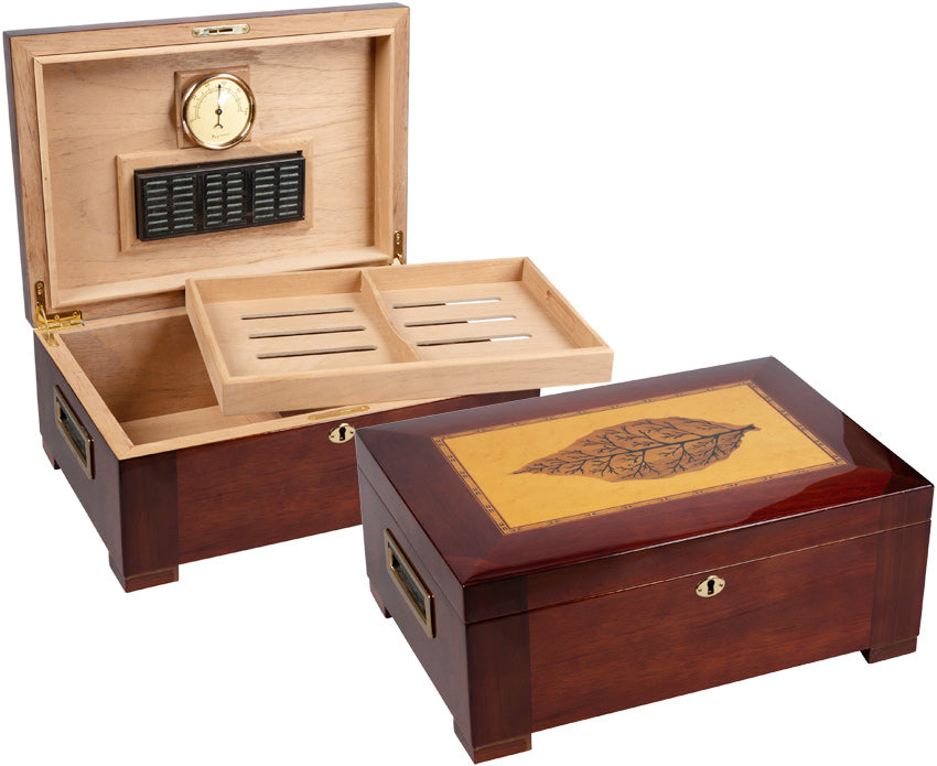 Prestige Stetson 150 Cigar High Gloss Humidor with Tobacco Leaf Inlay